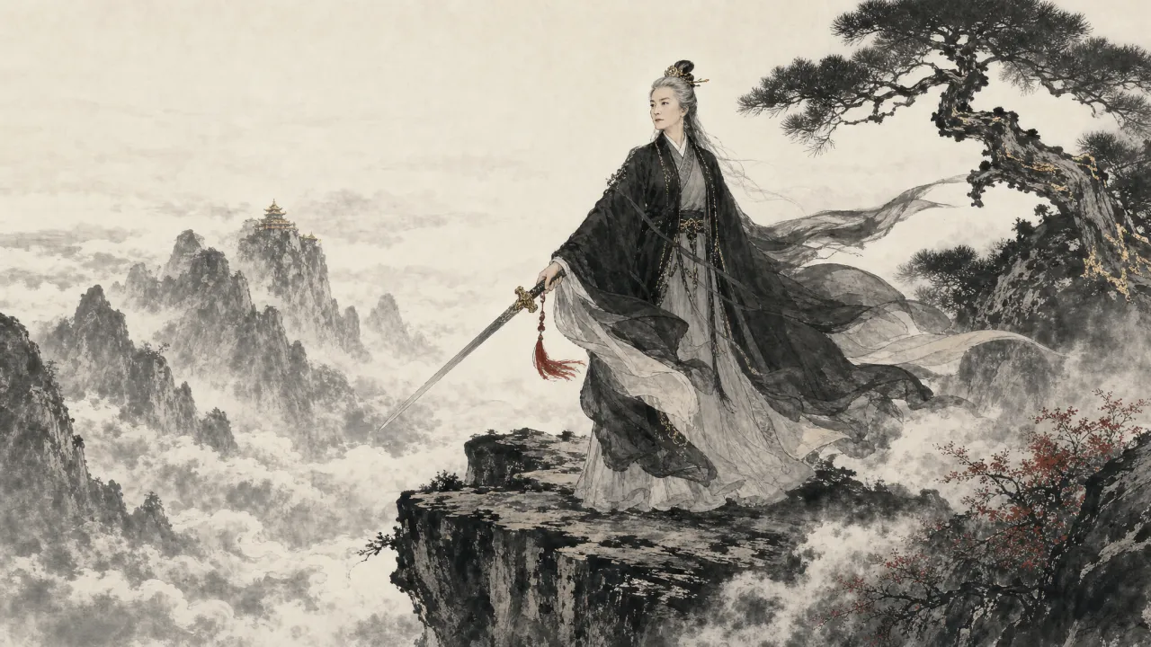 灭绝师太立于峨眉绝顶悬崖边