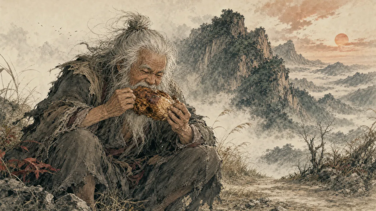 洪七公捧着叫化鸡大口啃食