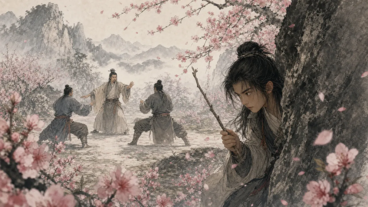 少年杨过在桃花岛巨石后偷看郭靖授武