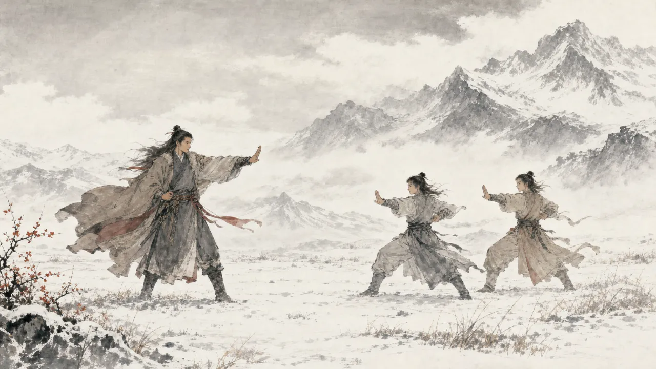 郭靖在雪地中教导武氏兄弟练武