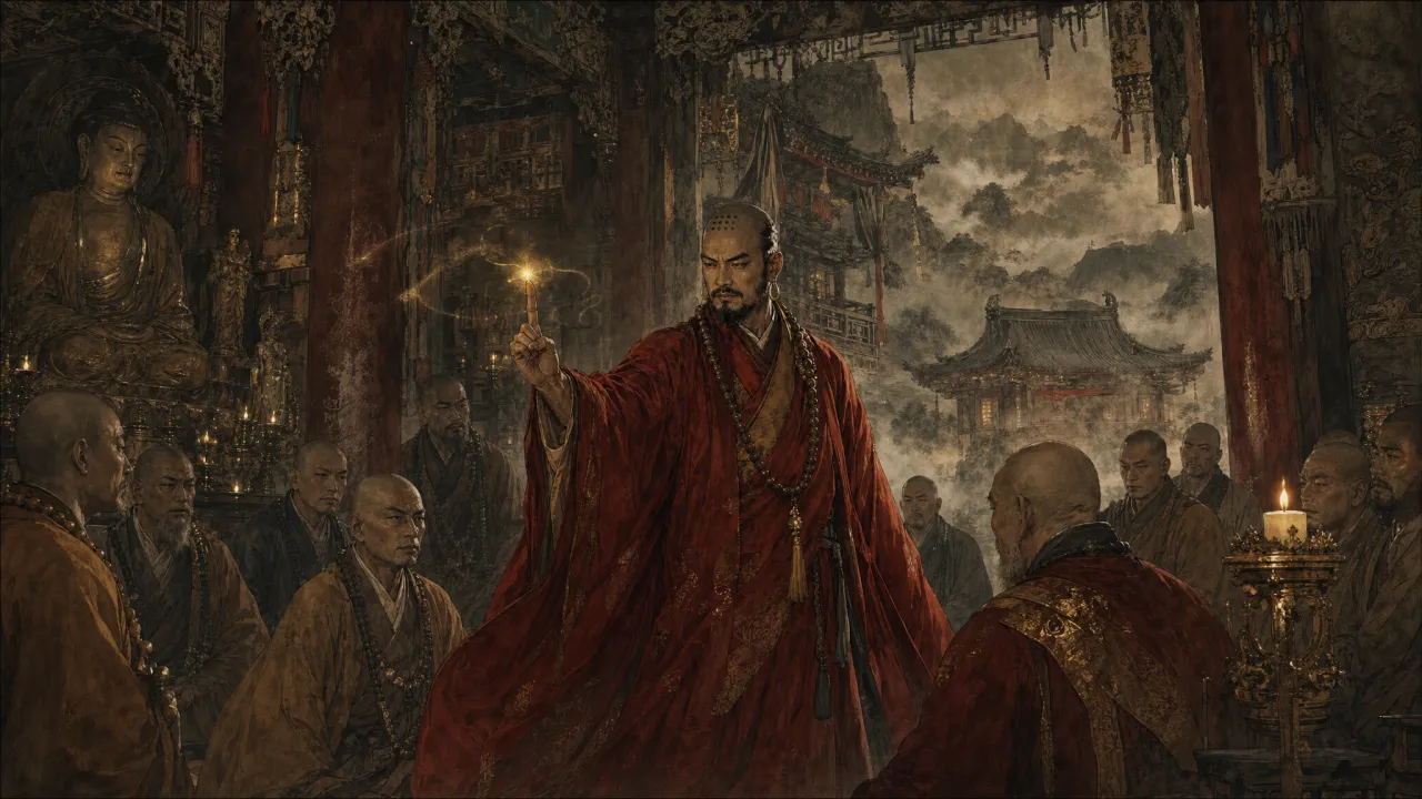 鸠摩智在天龙寺大殿演示拈花指