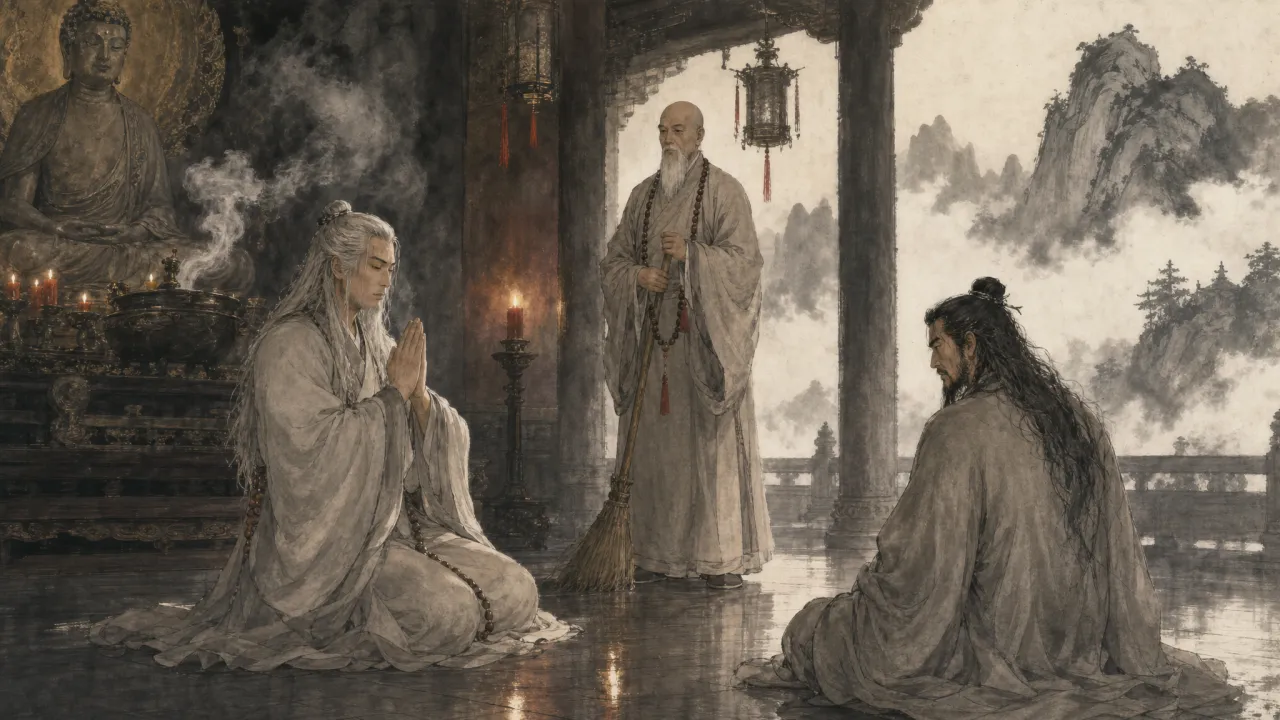 少林寺大殿，慕容博与萧远山并立皈依