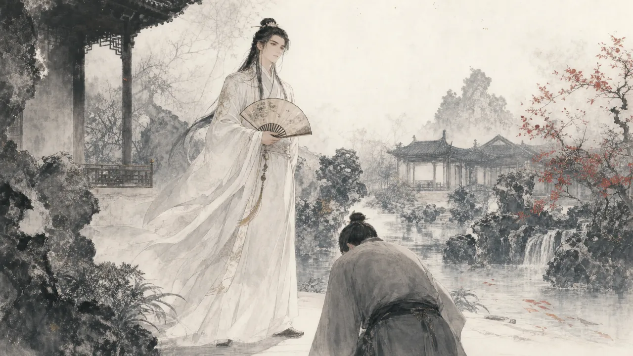 慕容复负手立于姑苏庄园，神情傲然却眼神空洞