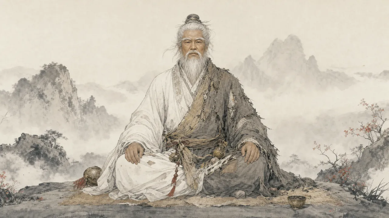 洪七公居中端坐，一年着洁净长衫、一年着污旧丐服，不偏不倚
