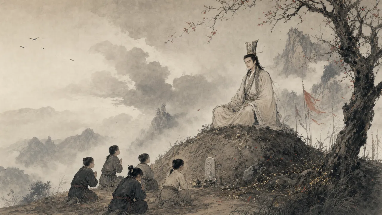 慕容复头戴高高纸冠端坐土坟之上，几名乡间孩童跪拜坟前