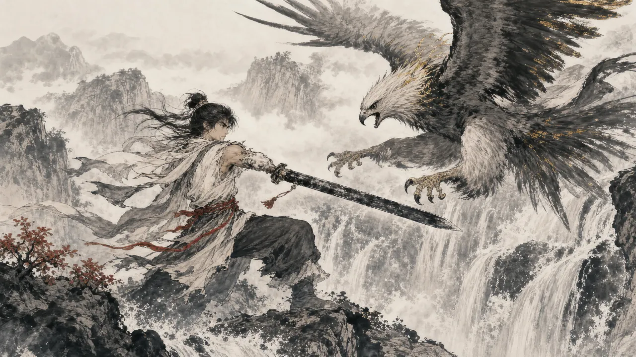 杨过独臂挥动玄铁重剑，于山洪瀑布之前与巨大神雕搏击对练