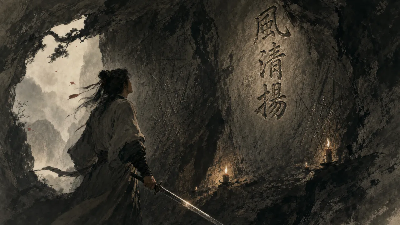 令狐冲在思过崖石洞内仰望深刻的风清扬三字身后是华山派剑招遗痕