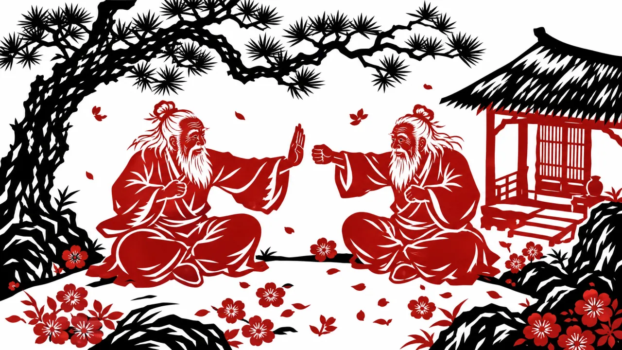 山间野庵前，白须老人左手画方右手画圆，双手各使一拳，自己跟自己拆招拆得满地花。