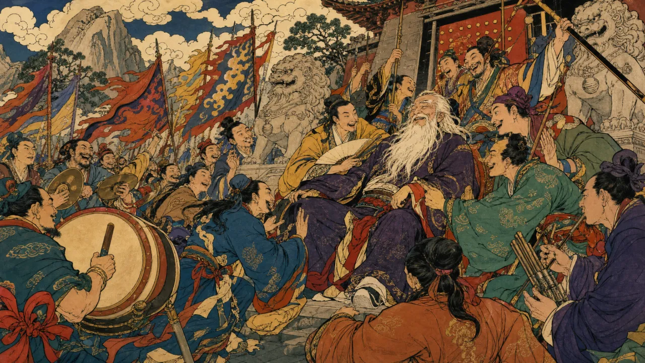星宿派众弟子在少林寺前对师父歌功颂德 锣鼓喧天