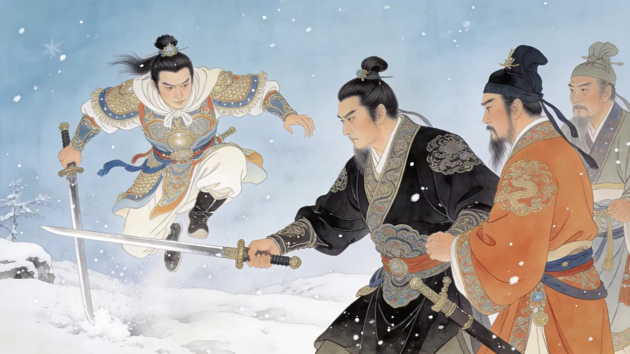 宋远桥雪地中抽剑欲自刎 武当三侠扶救 工笔细描
