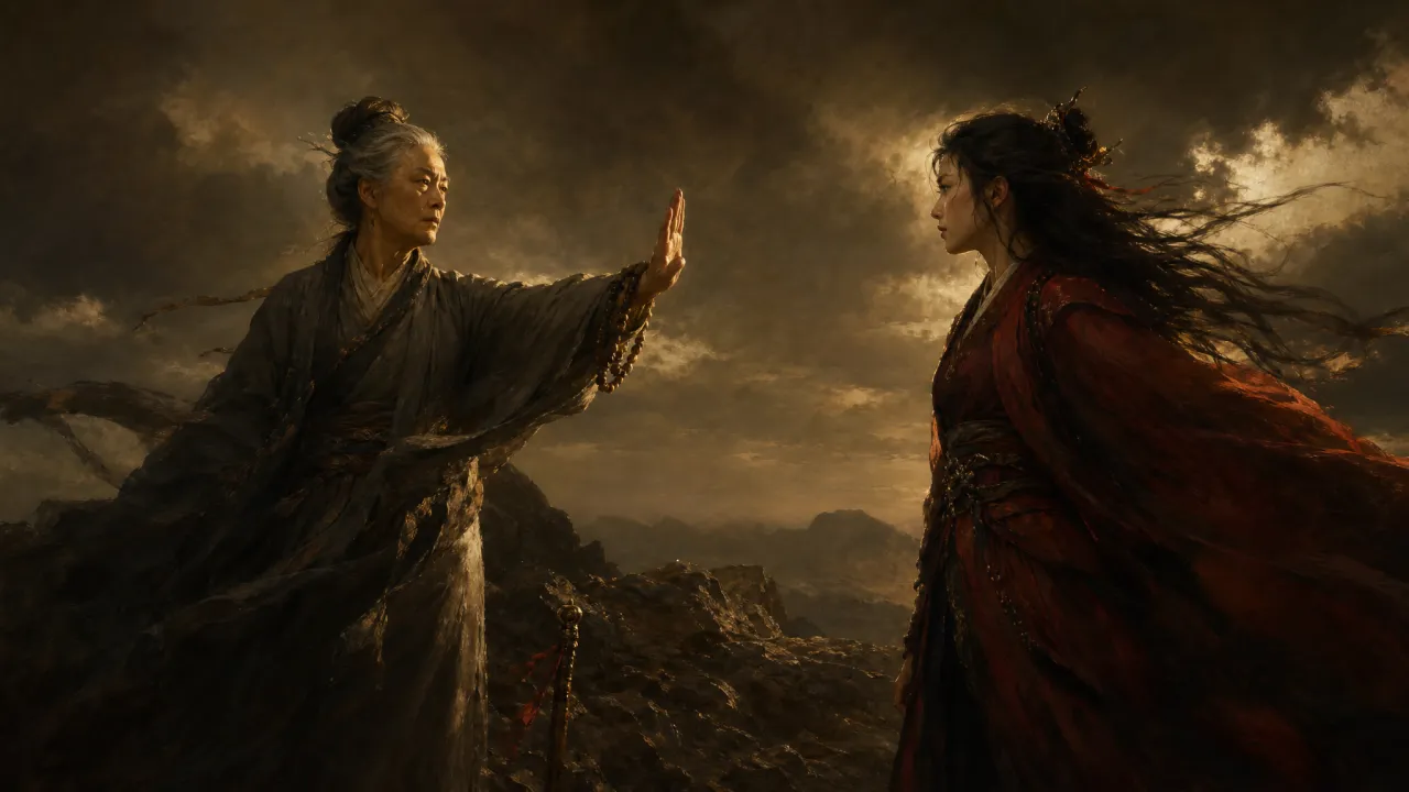 峨嵋金顶,灭绝师太一掌击向不肯就范的纪晓芙
