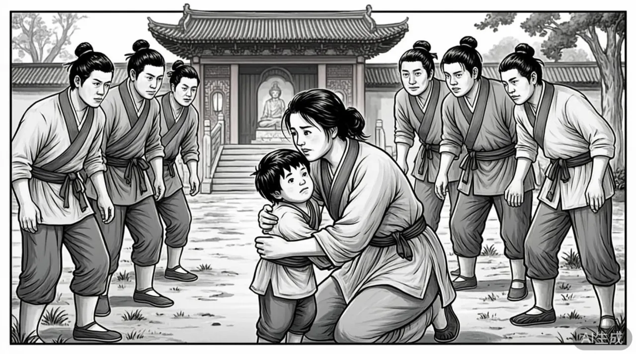 乡野祖庙前,一名村妇抱着幼儿在神像前跪地鸣冤