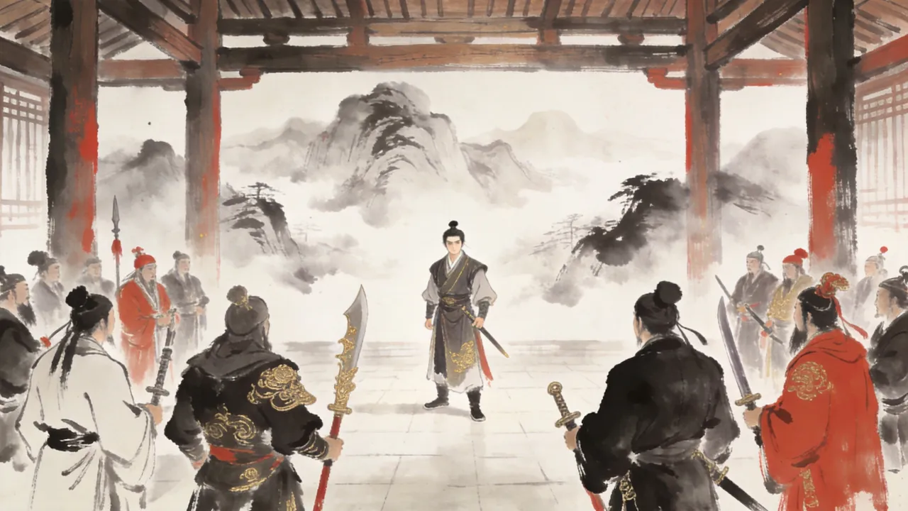 群豪环伺的厅堂中,一名青年昂首挺立,神色倔强不屈