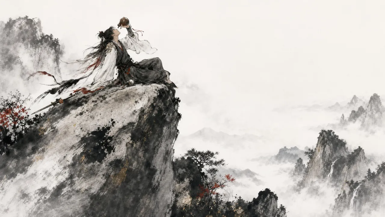 苍茫山崖之上,一名落拓青年独坐举壶,畅饮自适