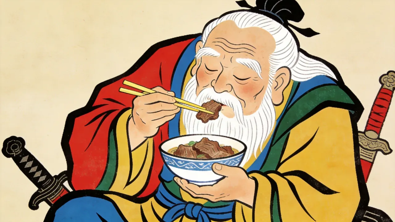 木版年画风:白须老丐闭眼细辨碗中之味,神情专注