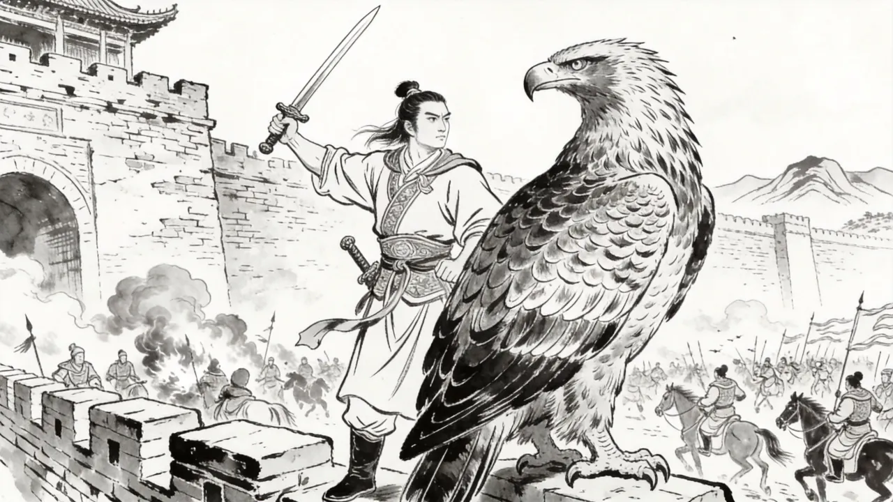 杨过独臂仗剑立于襄阳城头,神雕相伴