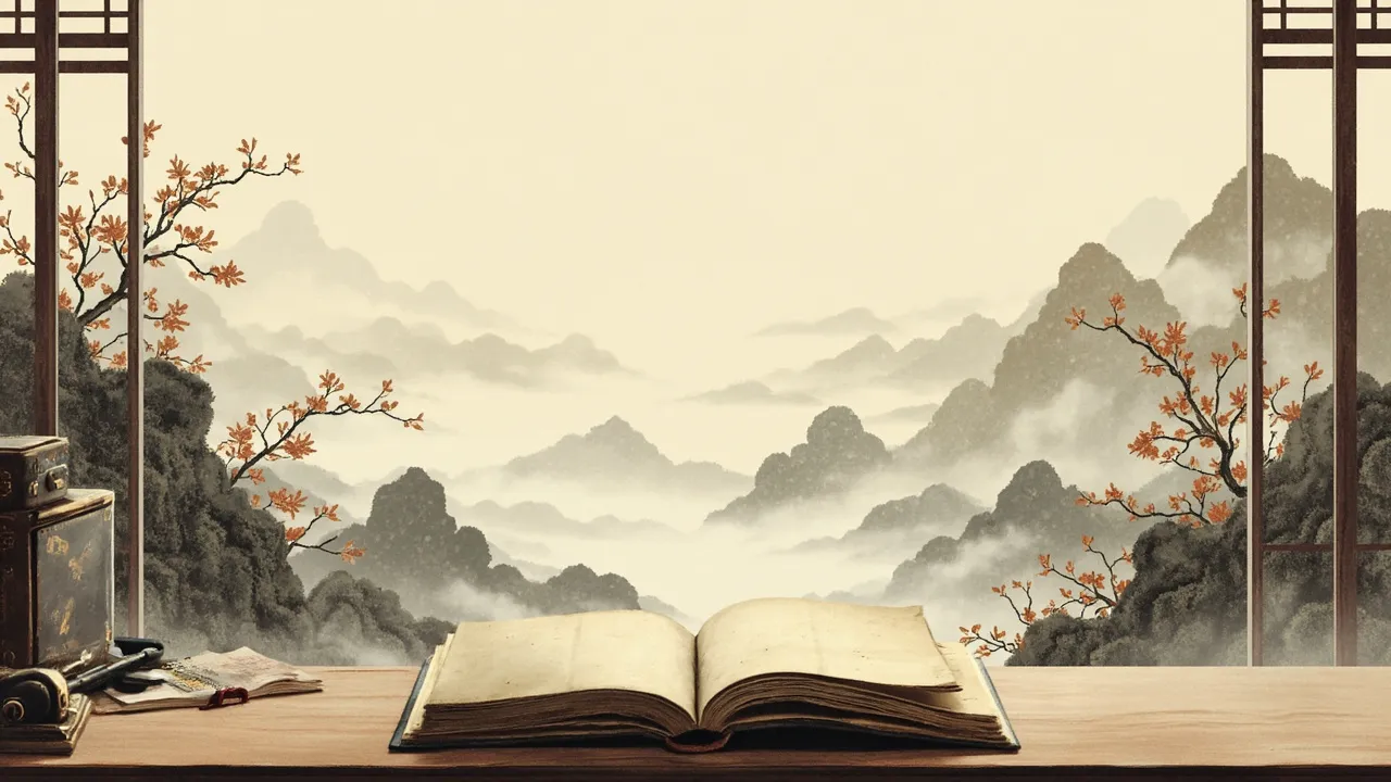 一卷武侠旧书在案头,窗外江湖远山如墨,墨韵流转