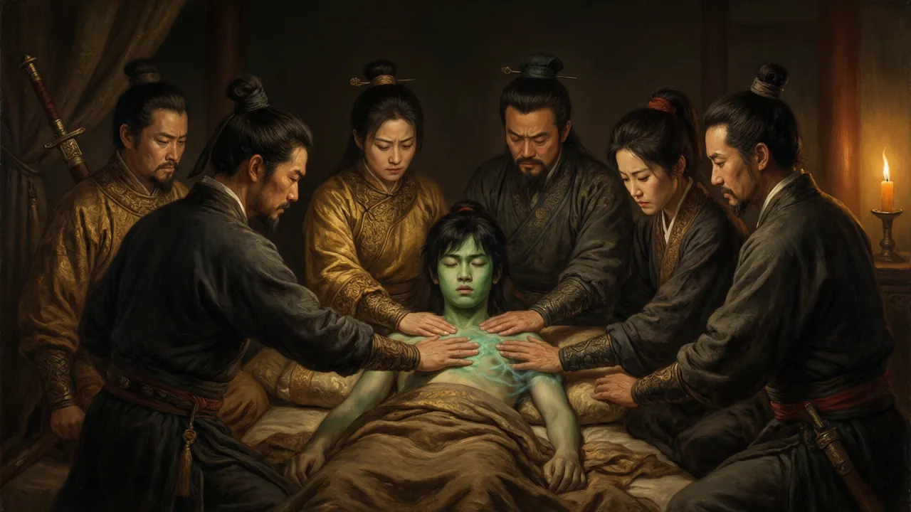 少年张无忌寒毒攻心，武当群侠围坐运功相救
