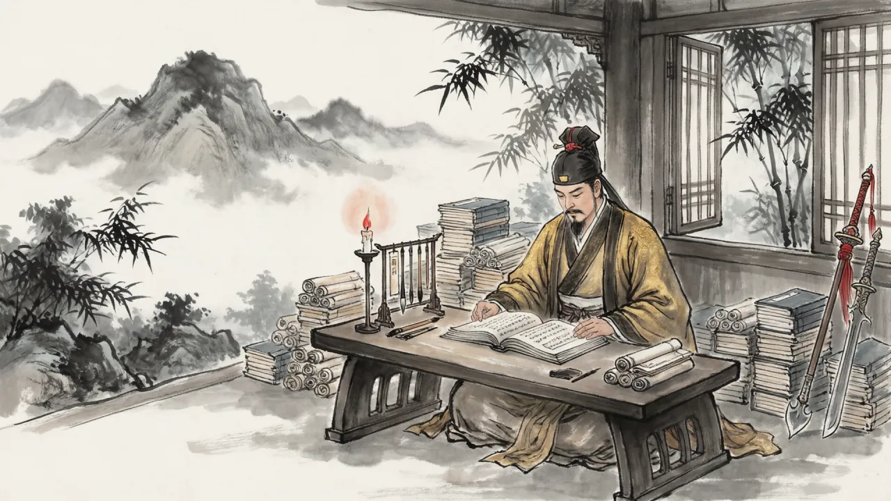 黄裳于书阁中一卷一卷校读万寿道藏