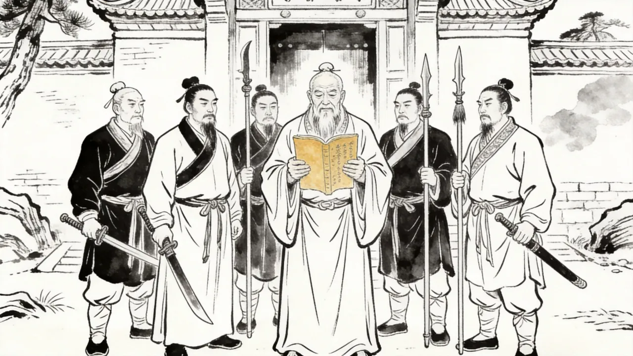 崆峒五老持谱而立,拳谱泛黄