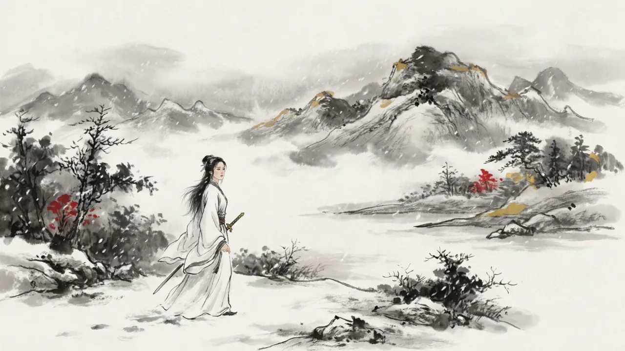 水墨写意：李莫愁雪中独行，一曲《雁丘词》音调凄婉