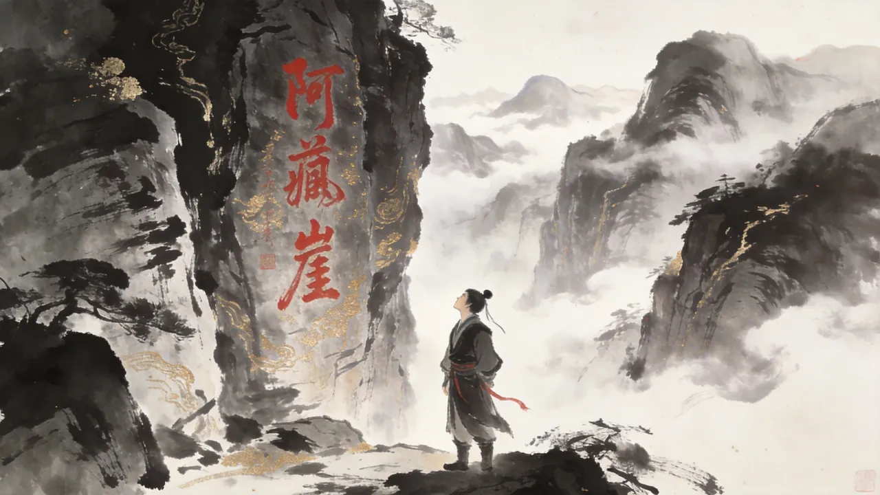 水墨写意：断肠崖石壁刻字，杨过痴立崖前