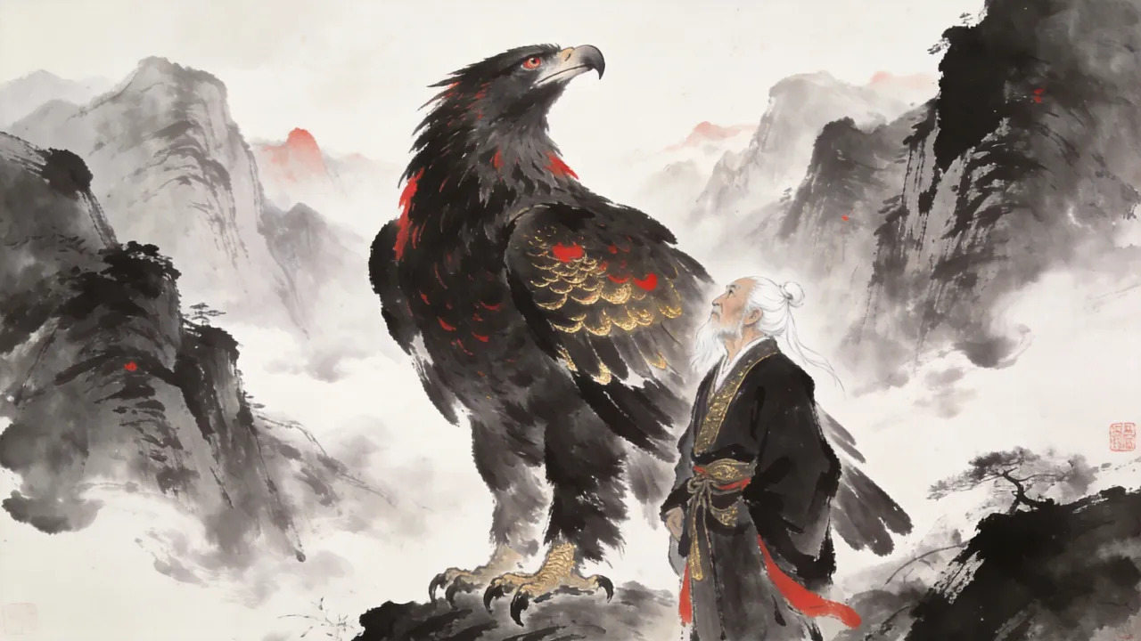 剑魔独孤求败立于深谷剑冢之前，长剑空利，群山苍茫