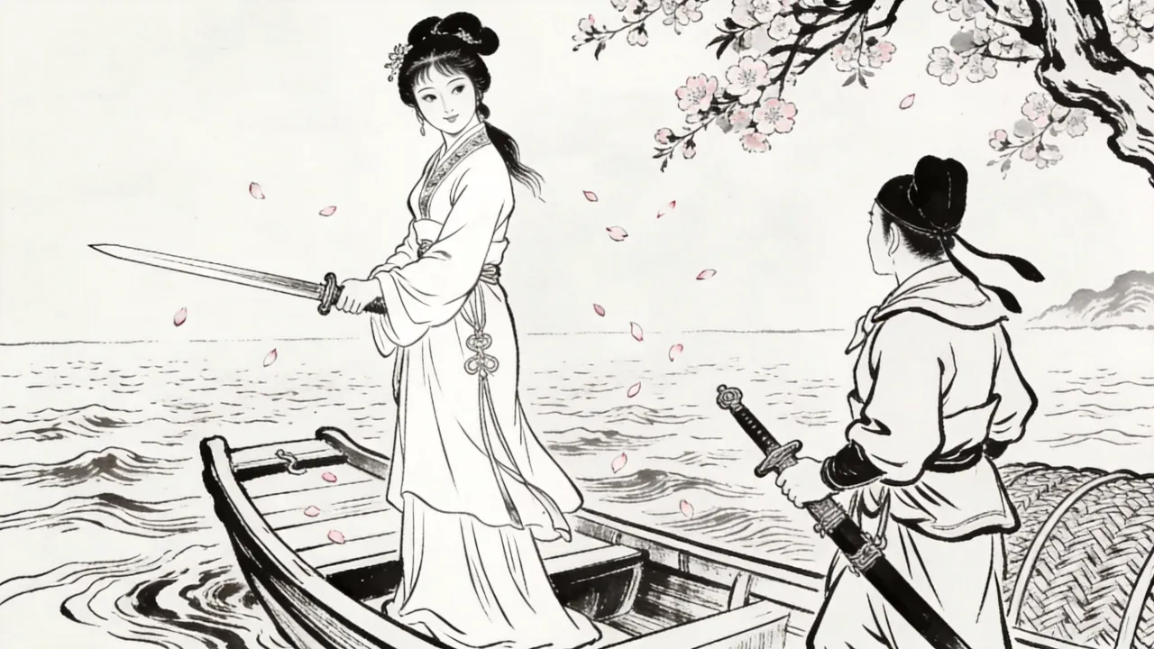 桃花岛碧海，白衣少女荡舟而来，回眸一笑