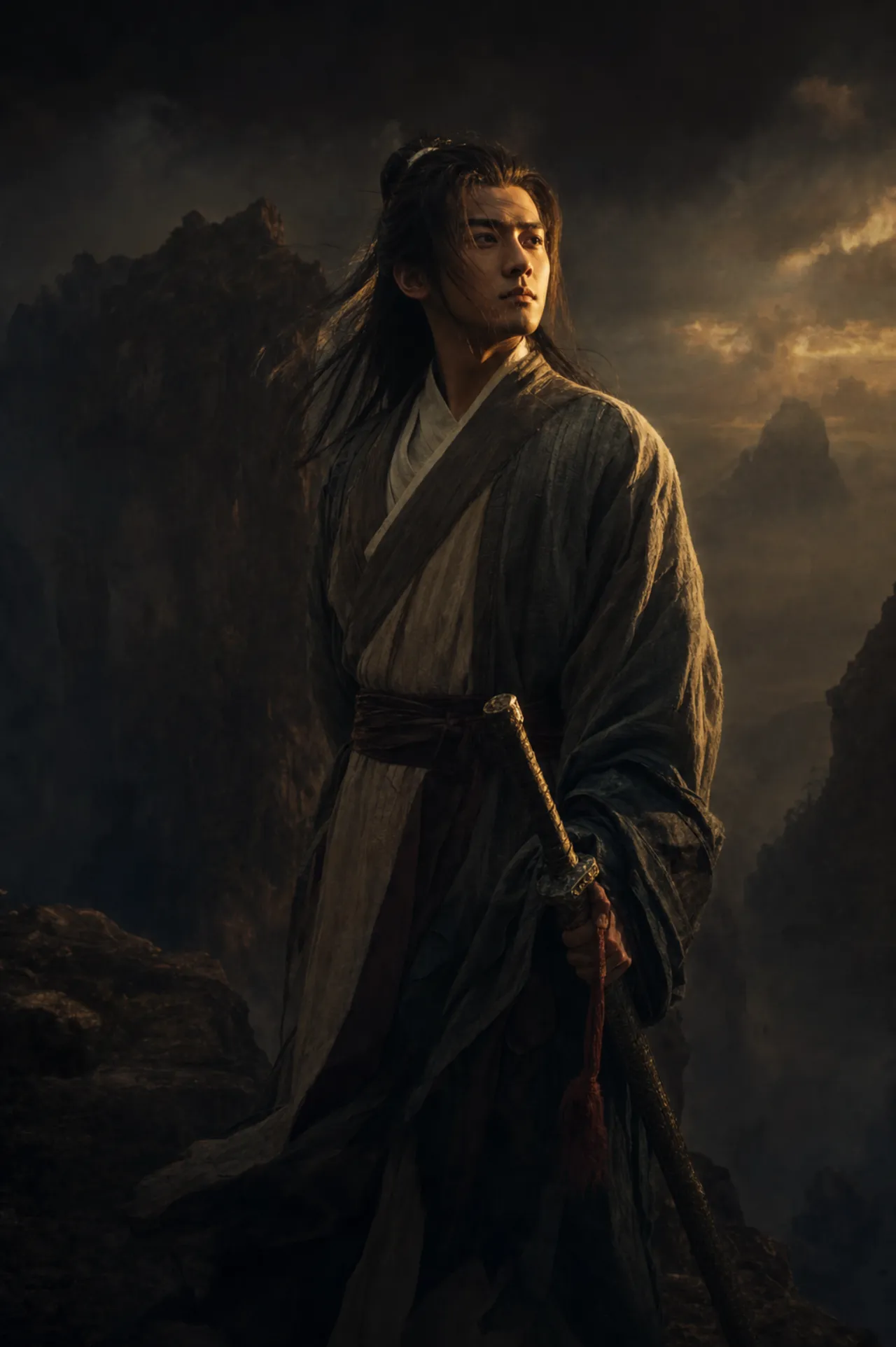 断肠崖前，杨过独立守约，身后是十六年的风霜