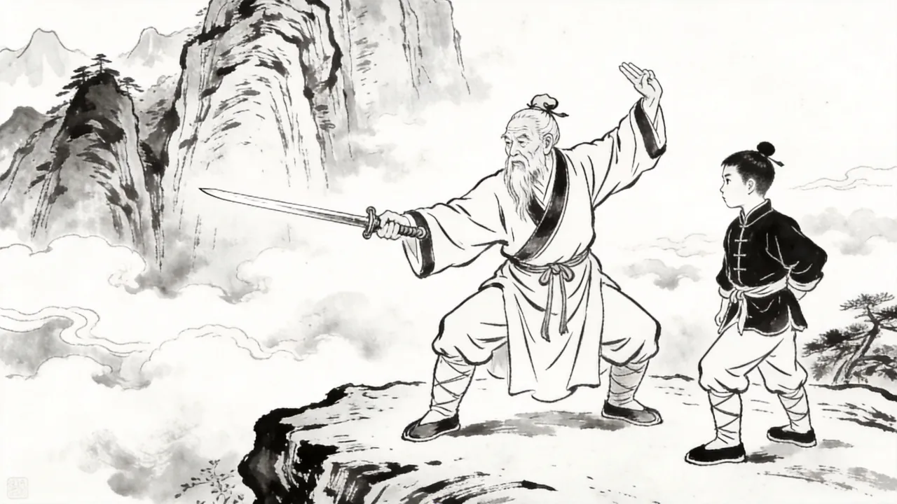 武当山上,一位老道士缓缓演一套绵软剑法,少年凝神旁观