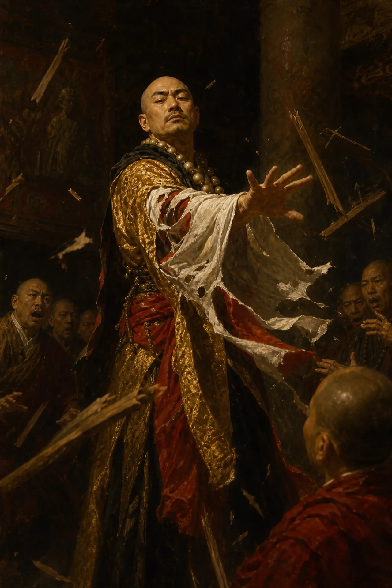古典油画般的厚重光影里,一位华服番僧当众施展指法,衣袖破孔纷飞,神情志得意满