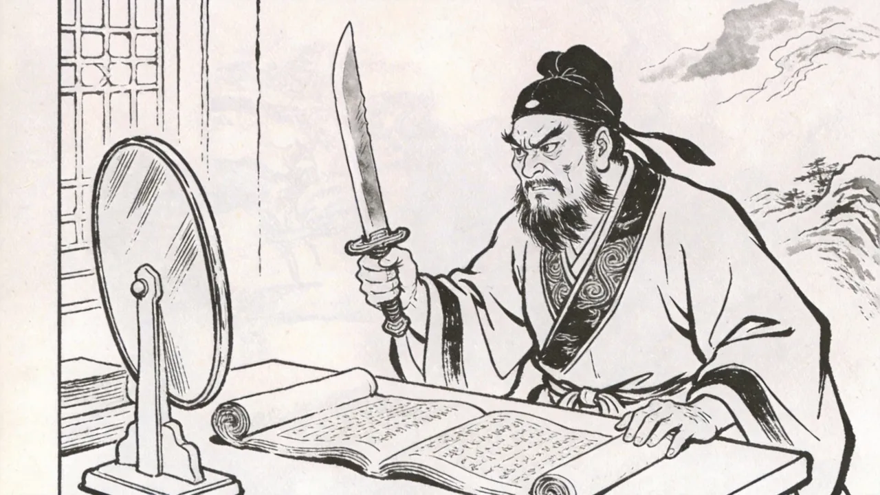 连环画线描:一人持刀对镜,案上摊开一卷秘笈,神色狰狞而决绝