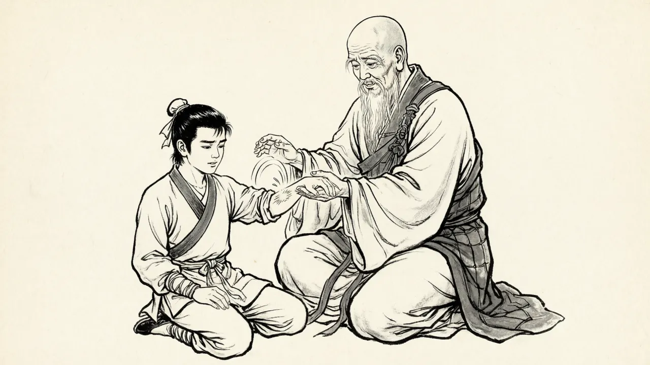 连环画线描:一位老僧盘膝为少年俗家弟子运功疗伤,少年眉头舒展,气息渐平