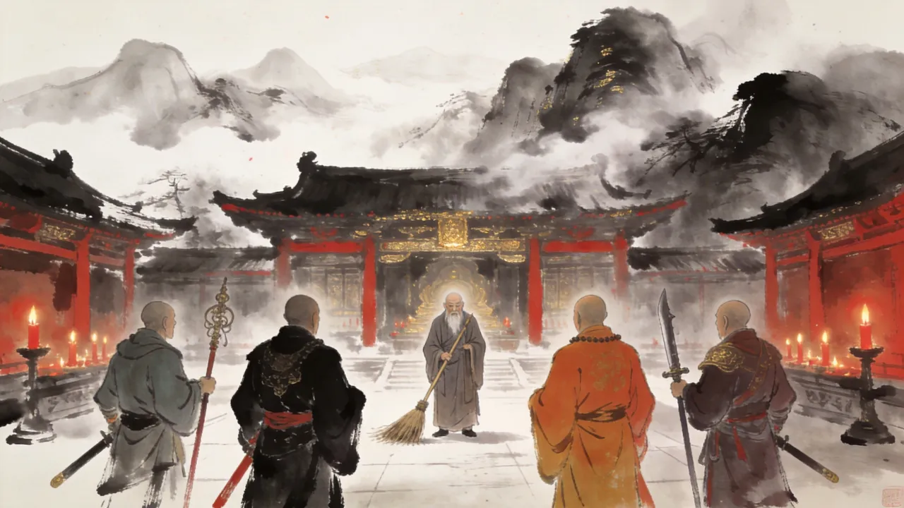 藏经阁中,一名身形佝偻的扫地老僧持帚静立,三名锦袍高僧持各色奇功对峙于前,烛影摇红,气氛凝重