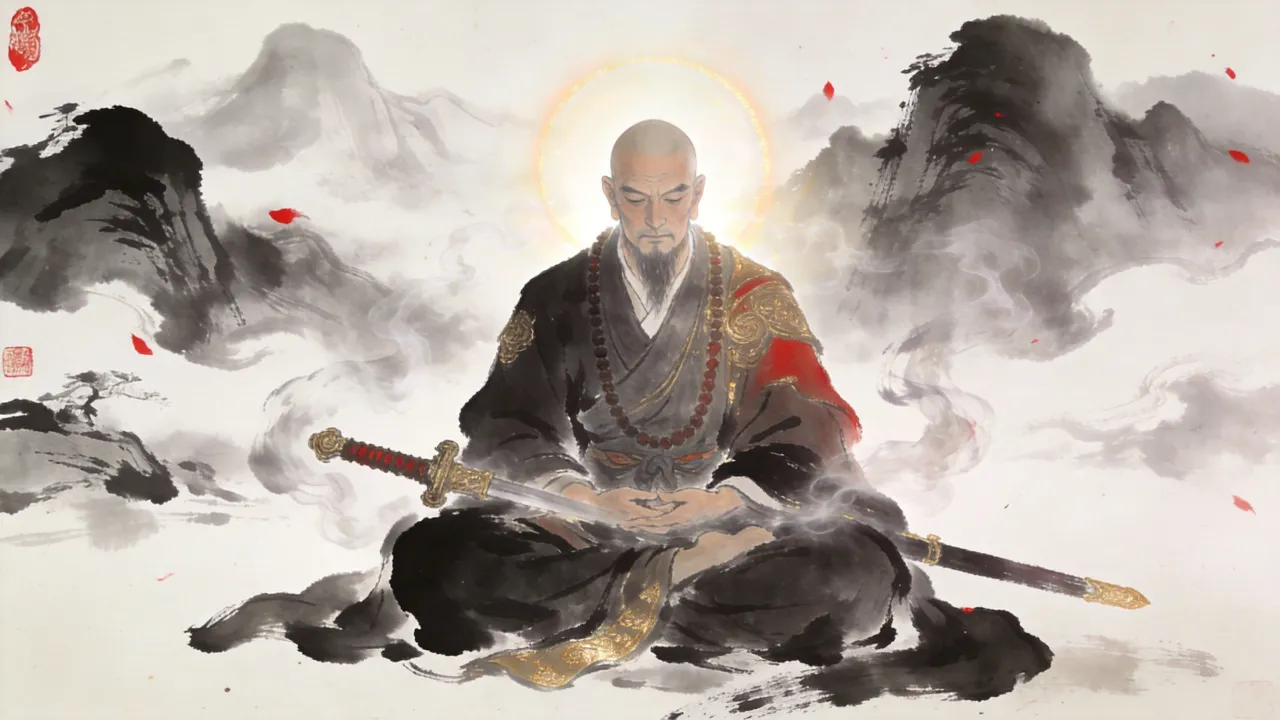 鸠摩智盘膝枯坐,周身武功内力如烟气般消散,神色由执迷转为澄明,背后佛光隐现