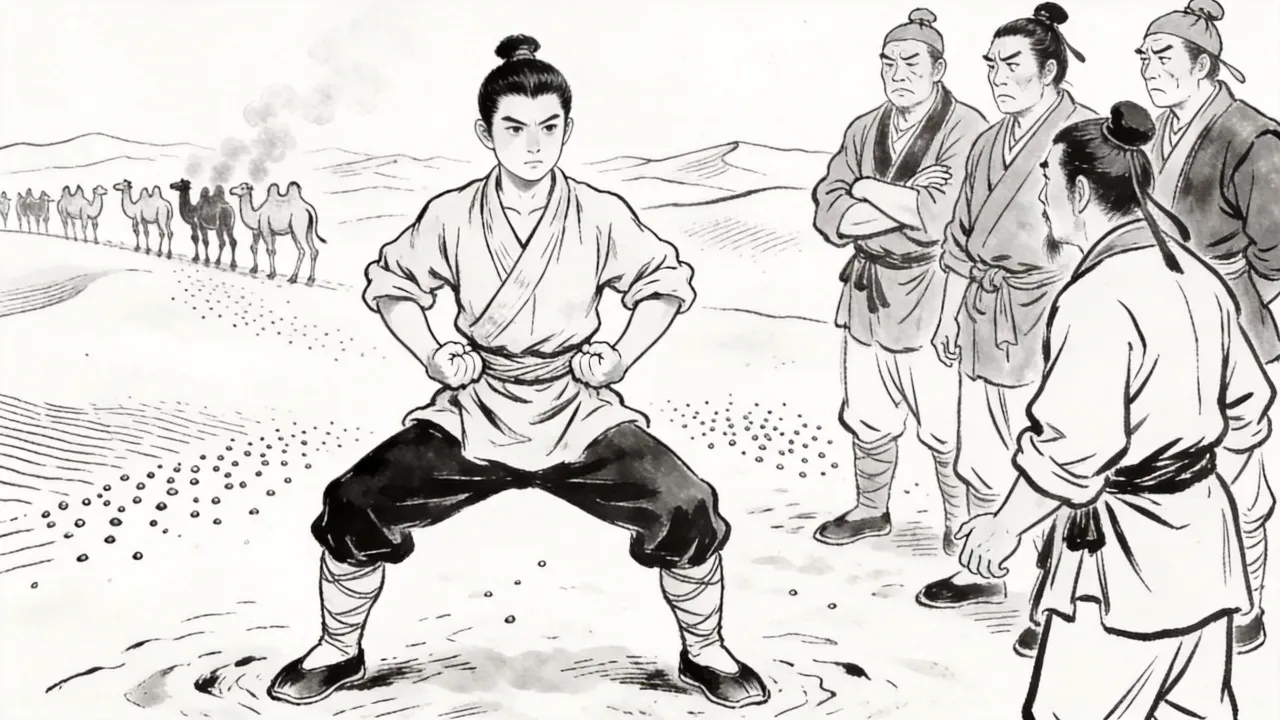 大漠黄沙，少年郭靖一板一眼地扎着马步苦练，江南六怪在旁摇头叹息，远处骆驼成群
