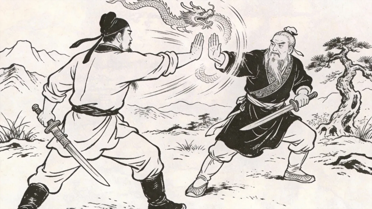 成年郭靖在洪七公指点下挥出降龙十八掌，掌风如龙、气势磅礴，江湖气象开阔