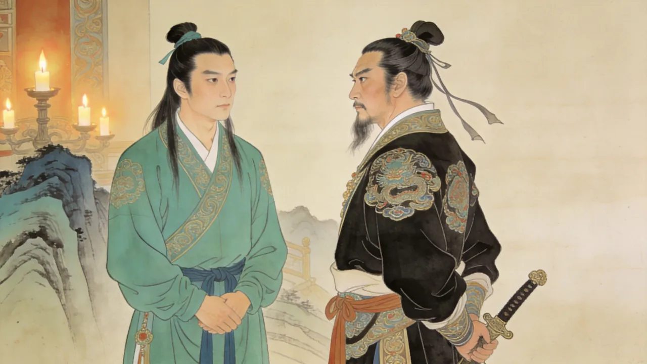 华山之巅，青衫弟子令狐冲垂手肃立，气宇轩昂的"君子剑"岳不群侧身负手、目光冷淡不与他相对