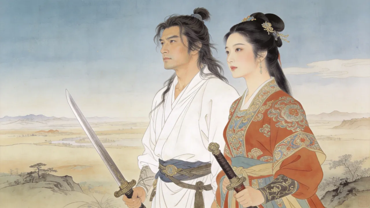 开阔天地间，令狐冲一袭白衣携长剑与任盈盈并肩远眺，神色疏朗自在，再无华山时的拘束