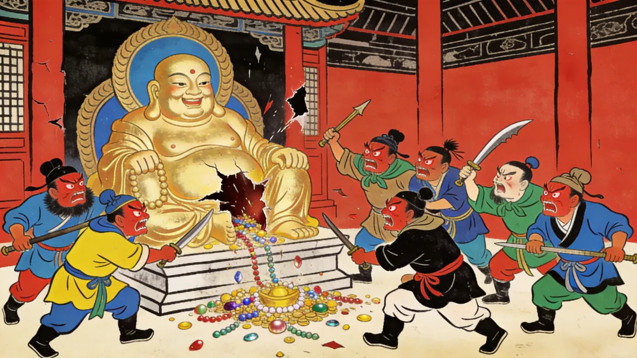 木版年画风格，破败古庙中一尊金佛被劈开，金银珠宝倾泻满地，一群江湖客红着眼扑抢撕咬，神态癫狂如野兽