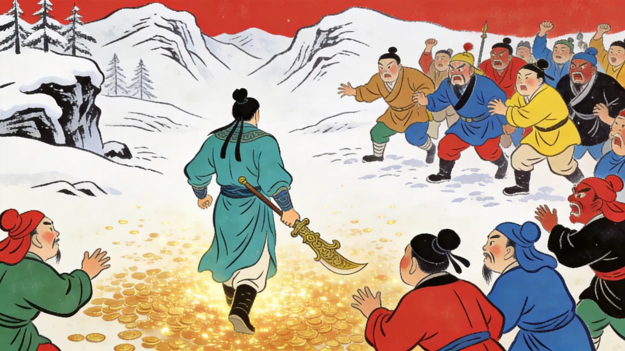 木版年画风格，雪谷之外一名青衣男子背对满地金光转身远去，身形决然，天地素净，与身后疯抢的人群成对照