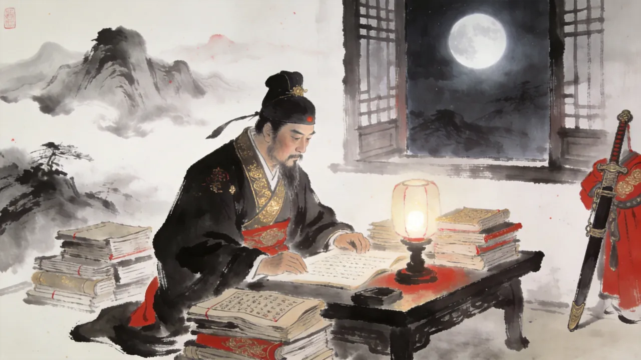 水墨写意,一位身着宋代官服的中年文士独坐灯下,案头堆满道藏卷册,神情专注,窗外月色清冷