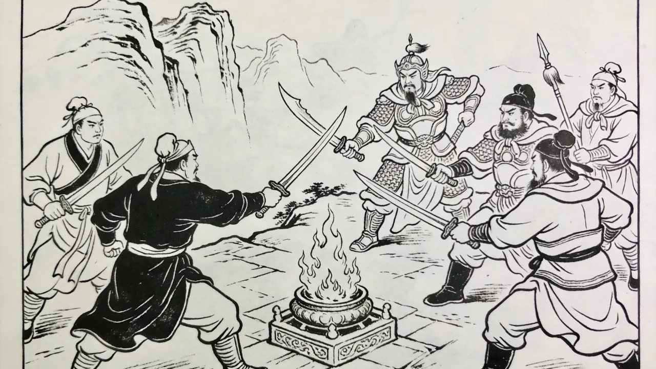 连环画线描，光明顶上明教数位高手剑拔弩张、互相戒备对峙，圣火坛火光熊熊，气氛剑拔弩张