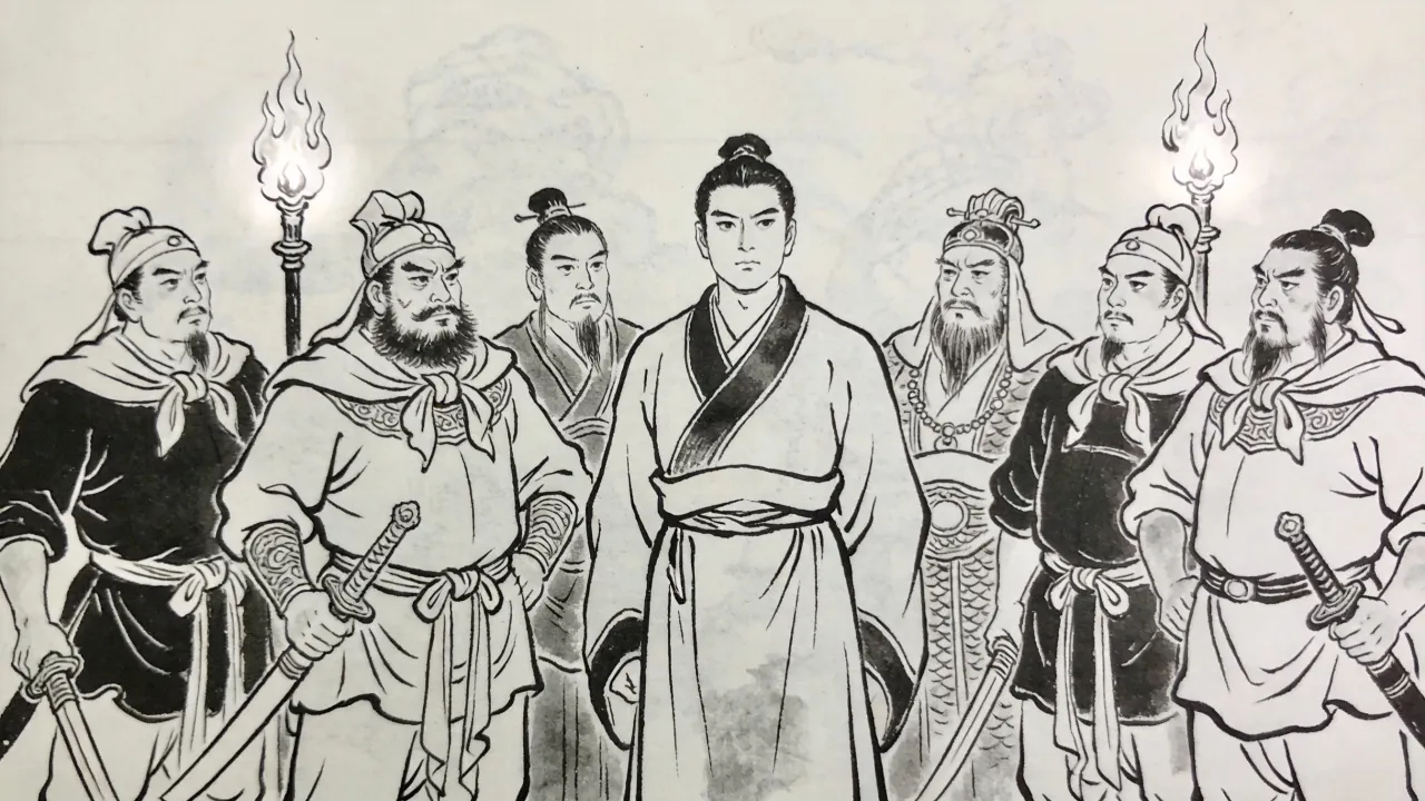 连环画线描，一青年布衣立于明教众豪杰中央，神色沉静服众，左右光明使者与五散人环立拱卫，圣火映照