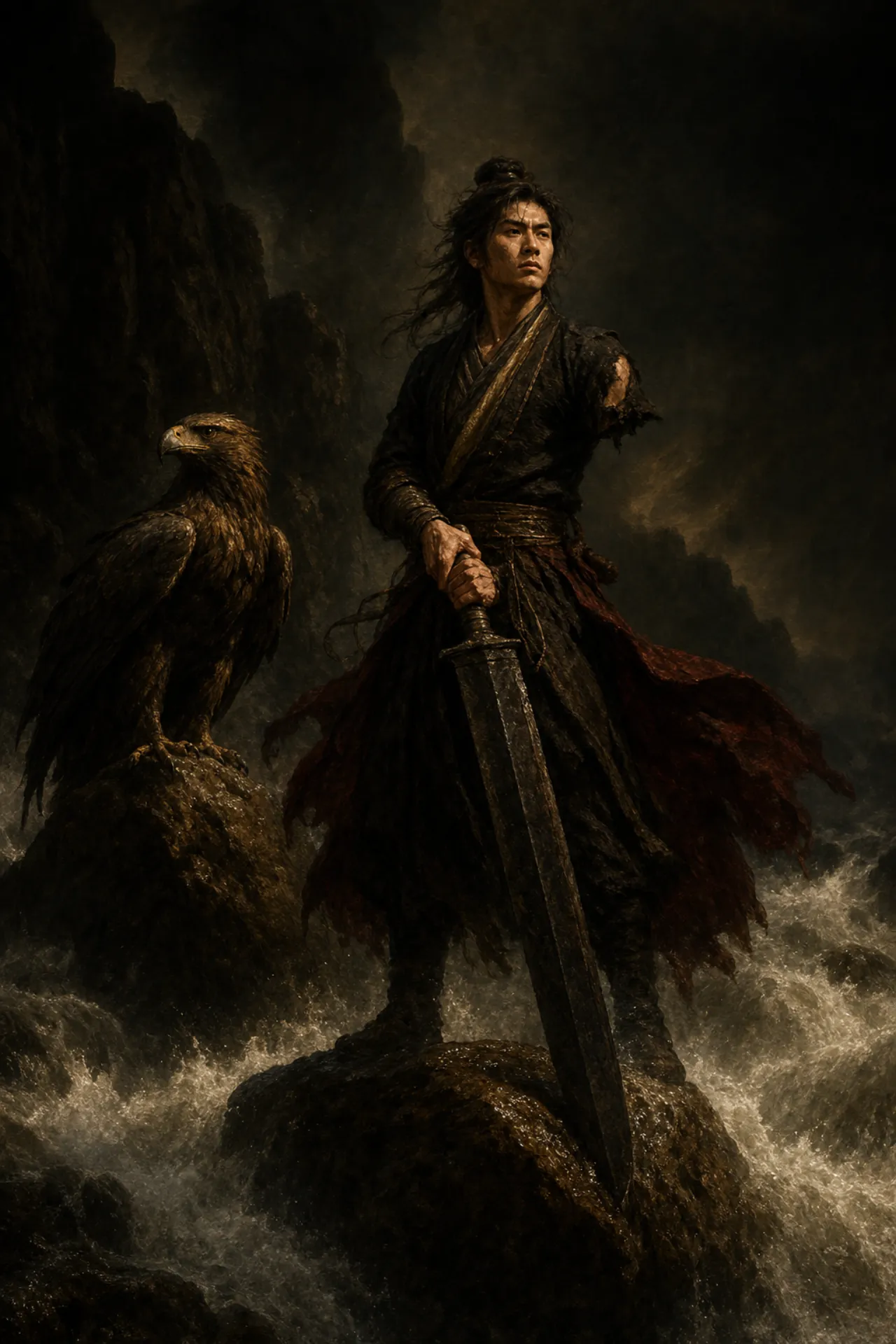 油画质感,独臂青年立于山洪激流巨石上,双手持一柄黝黑钝重的巨剑,水雾翻腾,神色凝定,巨雕在侧