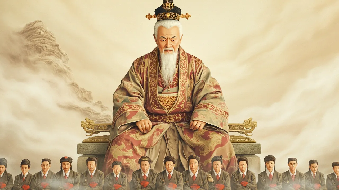 工笔重彩，一位形如孩童却气势凌厉的白发老妇高坐缥缈峰云端石座，下方群豪躬身列队，神色惶恐，云雾缭绕