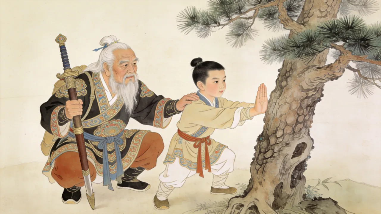 洪七公蹲在松树旁,手把手看着郭靖出掌,神情专注