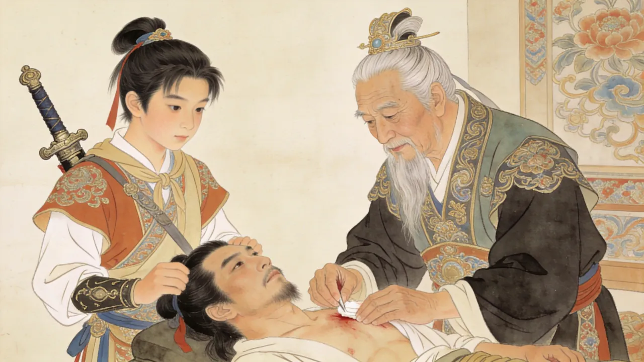 少年张无忌为伤者施治，神情专注仁厚
