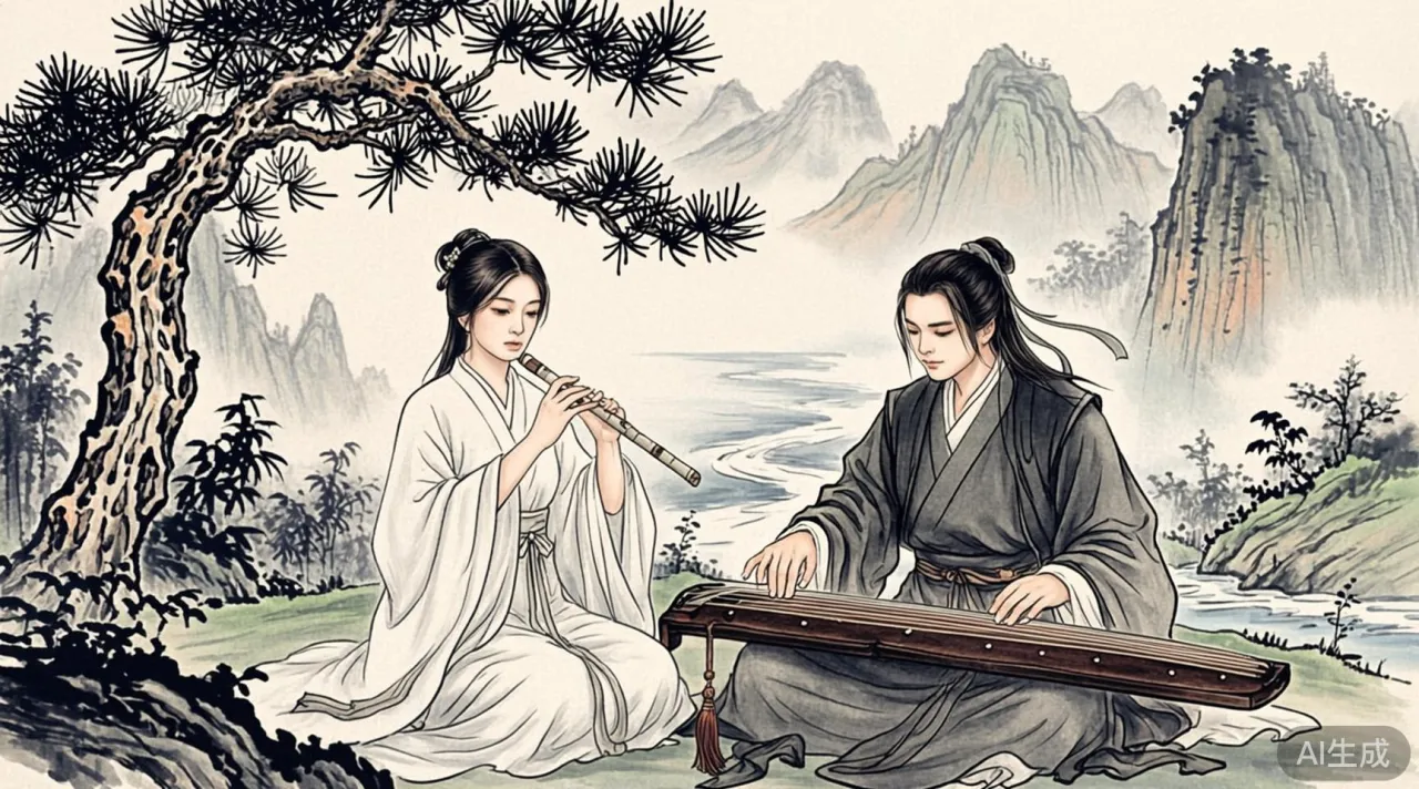 翠谷之中,任盈盈削竹为箫,令狐冲抚琴静养