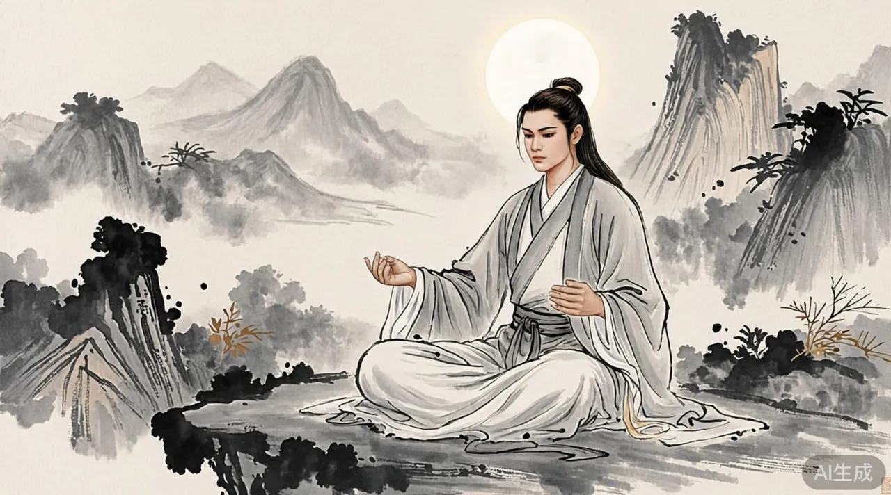 张无忌盘膝调息,身外是清风拂山、明月照江